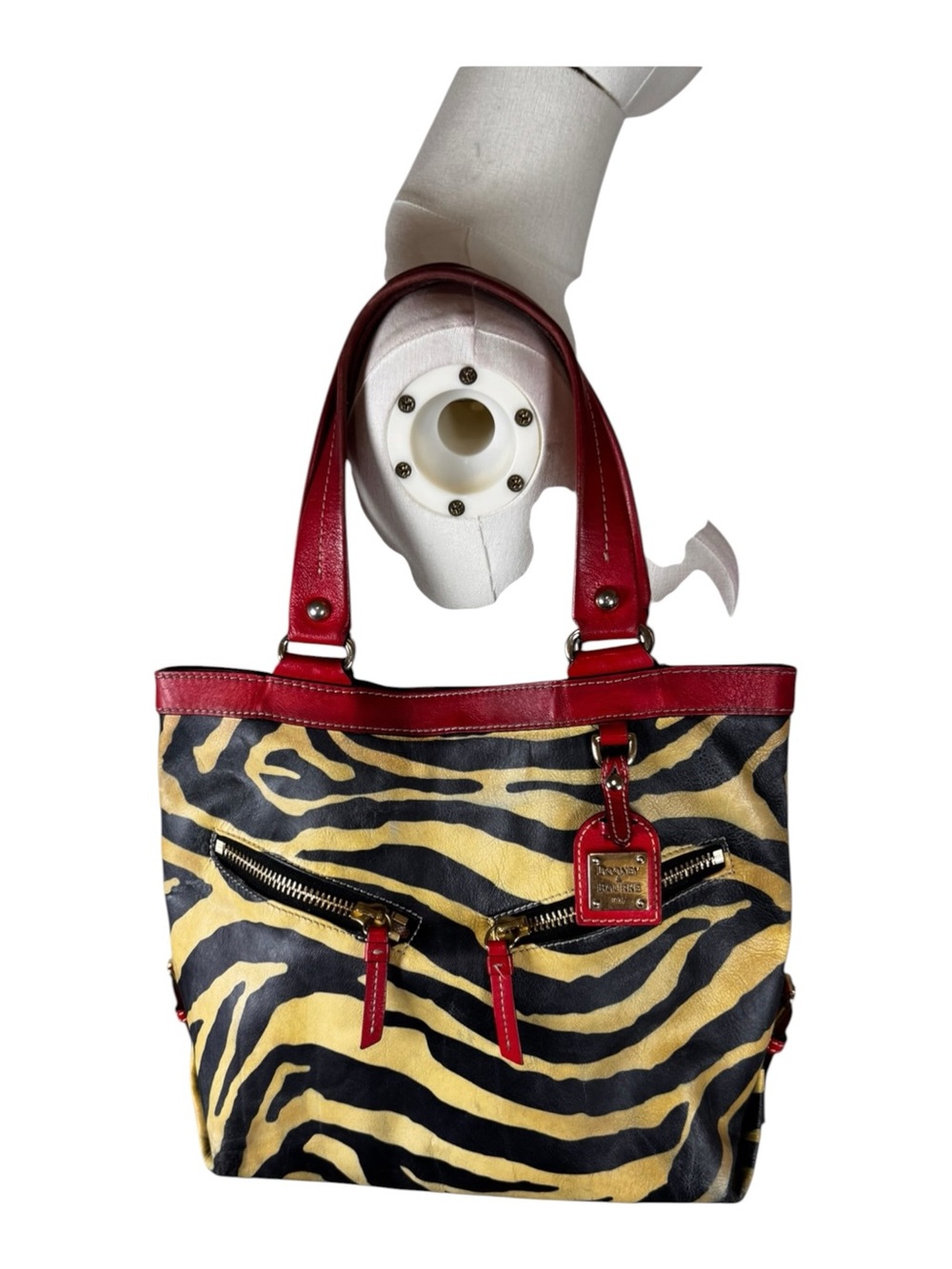 Dooney & Bourke Vintage Zebra Print Leather Tote Bag Red Trim Shoulder Bag